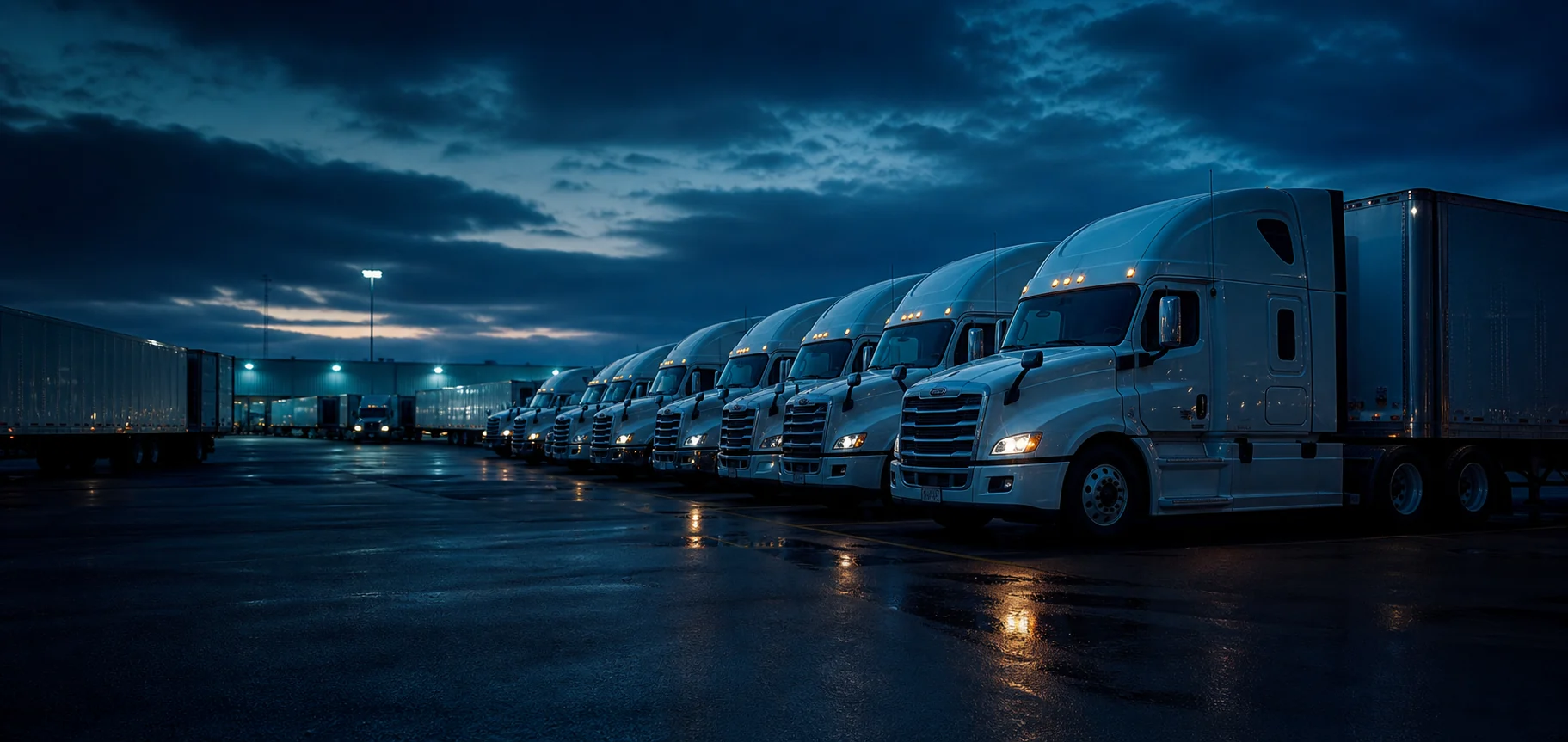 A professional trucking fleet lined up and ready for dispatch
