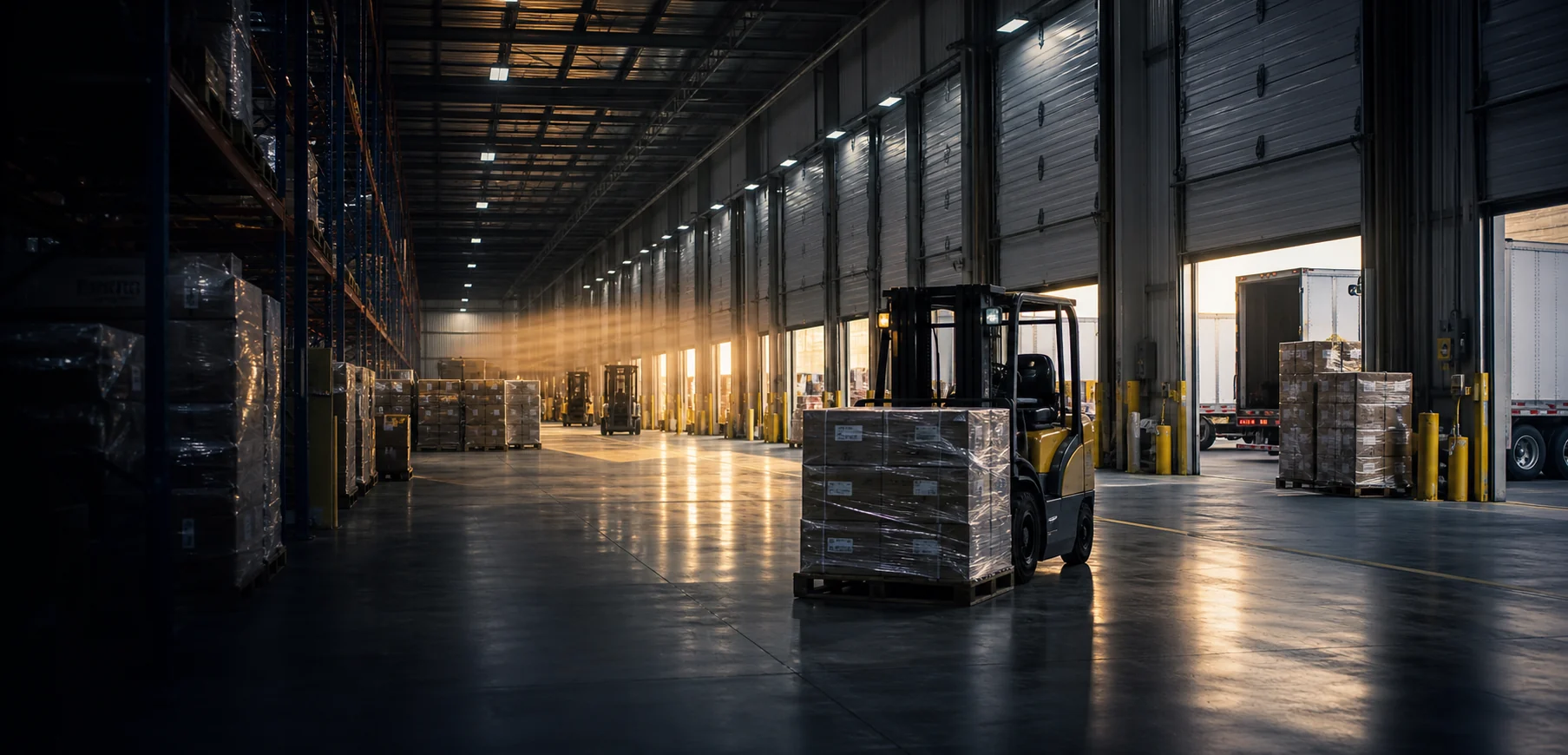 Freight staged for outbound shipping inside a modern distribution warehouse